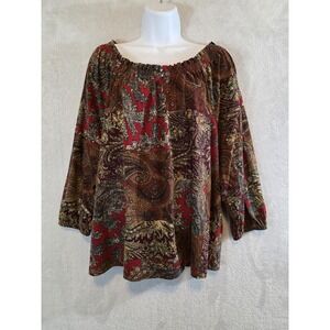 GUC Chaps Blouse Womens 2X Red Brown Paisley 70s Retro Bohemian Festival Casual
